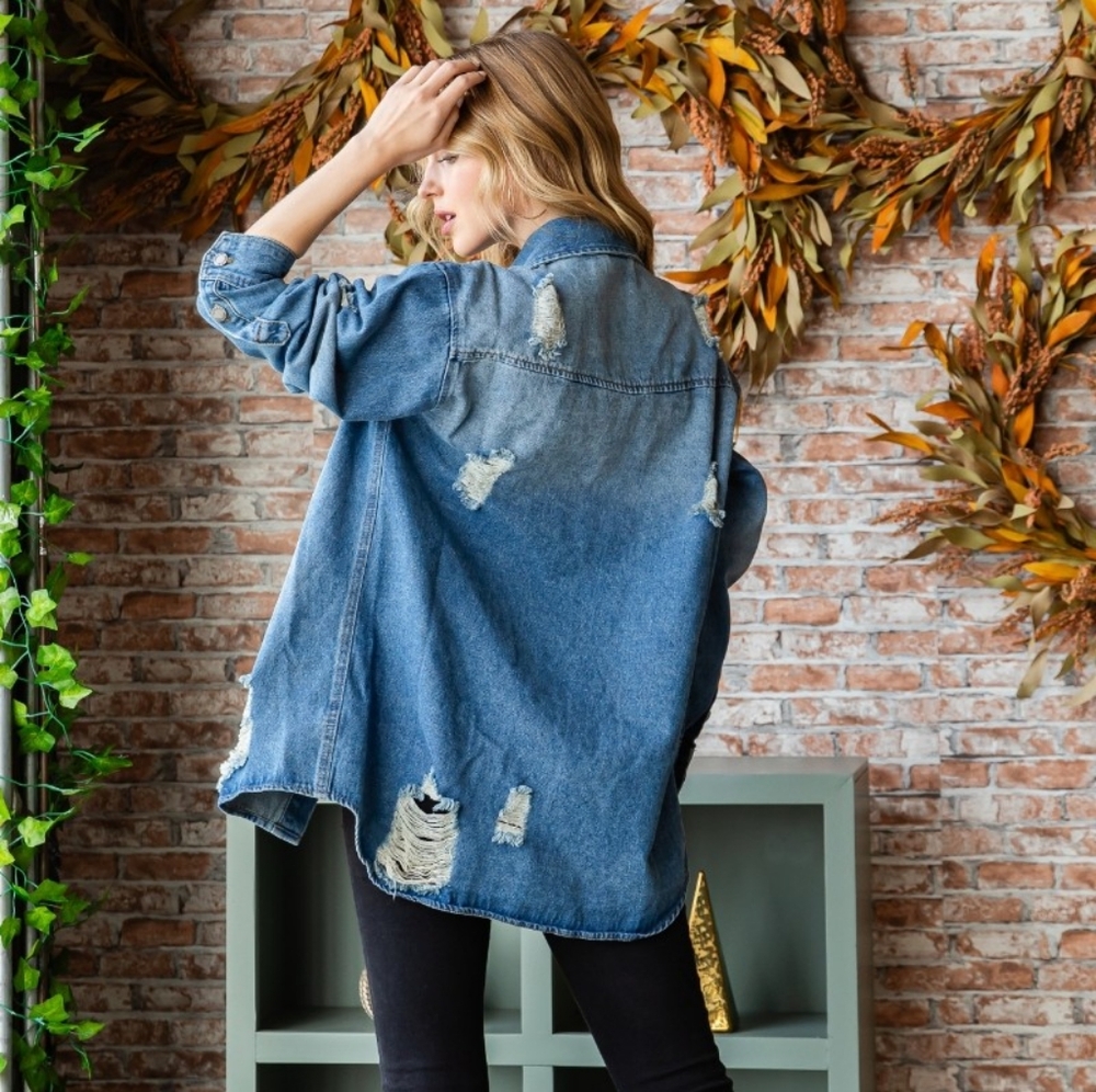 Distressed Denim Shirts Jacket: Medium Wash